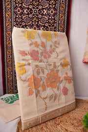 Breeze & Bloom Off-White Jute Pure Cotton Unstitched Suit Set